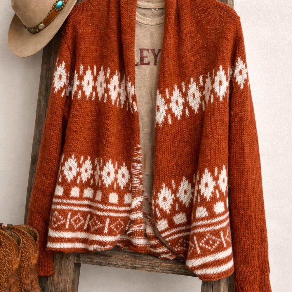 Wooden Ships Southwestern Cardigan – Rust & Cream – Size M/L – Soft & Cozy